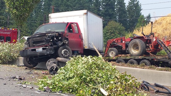 Several trees were smashed as the truck went over the median near SR 410 and 233rd Ave going east into Bonney Lake.