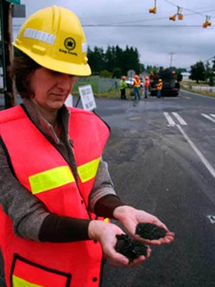 King County is using a material made from recycled asphalt shingles to pave roads.