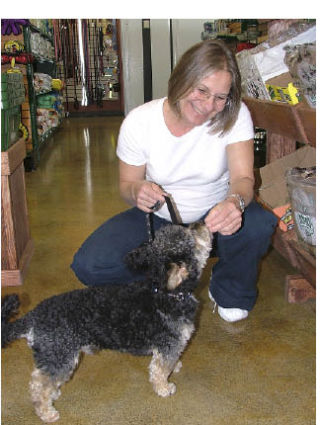 Theresa Rangus offers a healthy dog treat to Grover