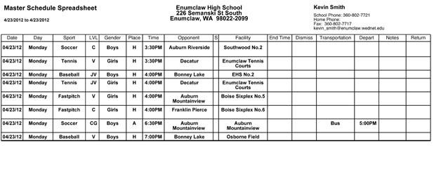 Enumclaw High sports schedule for Monday