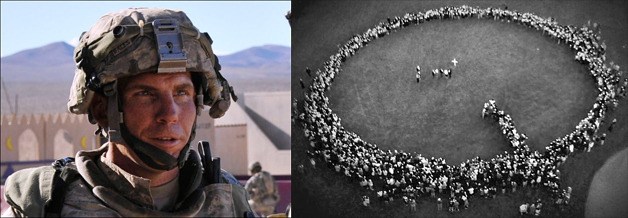 Left: Staff Sergeant Robert Bales. Right: A giant 'Q' formed in mourning of Quentin Boggan.