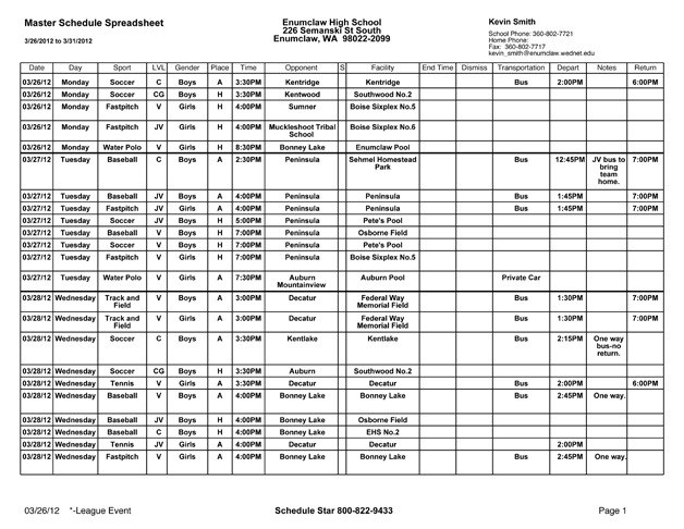 Master schedule spreadsheet