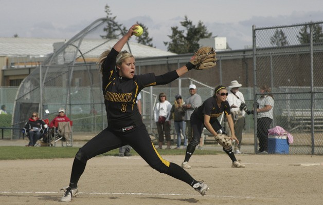 Chloe Young pitches for Enumclaw Friday at the district tournament.