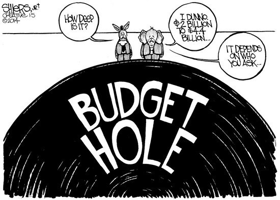 This week's editorial cartoon comments on how Washington's budget hole is larger or smaller