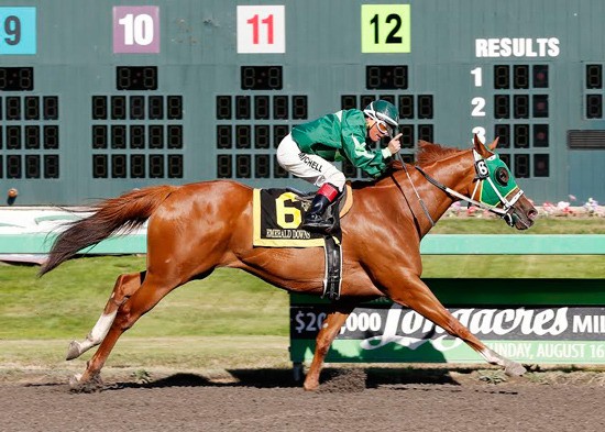 Gallyn Mitchell rides Lady Rosberg to the winner’s circle in the $65