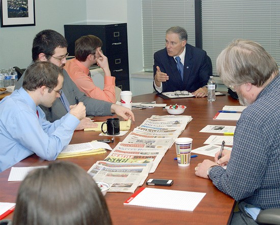 Gov. Jay Inslee  answers questions about his 2015-17 budget from reporters and editors at the Bellevue Reporter office.