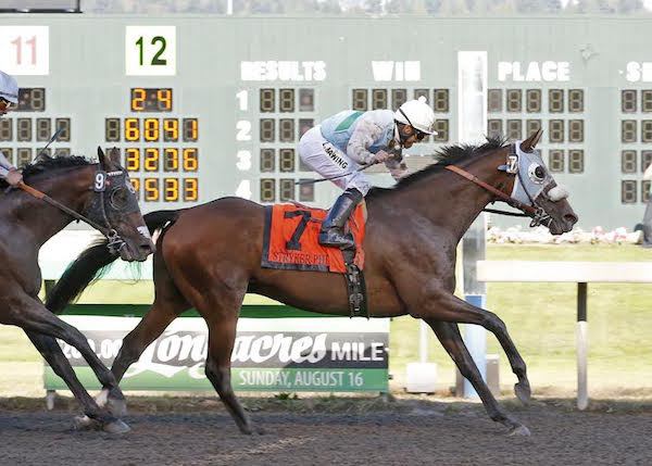 Stryker Phd (No. 7) crosses the wire chased home by Sammy Mandeville.