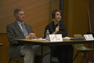 Sumner city council incumbent Curt Brown and challenger Melony Kirkish at the Tuesday debate.