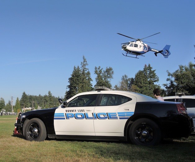 The Airlift NW helicopter arrives for National Night Out at Allan Yorke Park.
