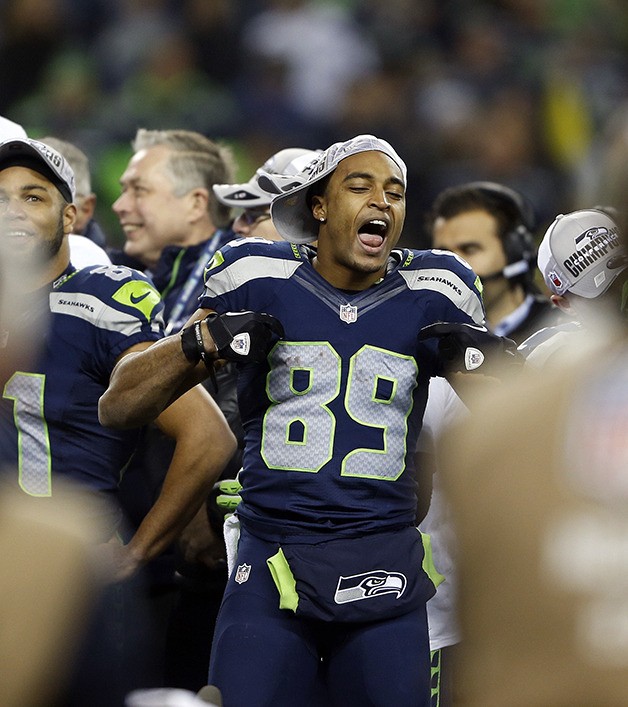 Seahawks receiver Doug Baldwin celebrates the 23-17 win over the San Francisco 49ers as the Seattle Seahawks advance to the Super Bowl for the second time in franchise history.