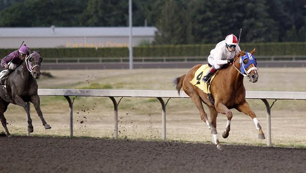 Spot of Salt and jockey Eliska Kubinova race to a 4 1/4-length victory Friday in the feature race for 3-year-olds and up at Emerald Downs. A 6-year-old California-bred