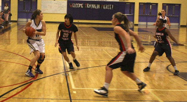 Amanda Friermuth looks for an opening to pass the ball as Ly Vuthy