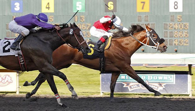 Belt and Rocco Bowen hold off Del Siete Leguas and Leslie Mawing for a neck victory in Saturday's $10