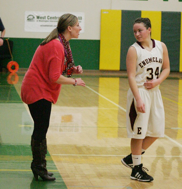 Beth Madill was named the 2013 South Puget Sound League coach of the year. Here she is coaching Nadine Huff in the Enumclaw win over Kennedy 59-42 Feb. 15 at Clover Park.