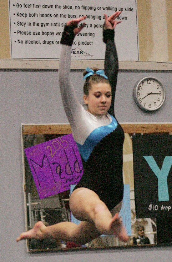 Bonney Lake’s Jaidin Anderson scored a 7.6 on her floor routine Wednesday at Enumclaw.