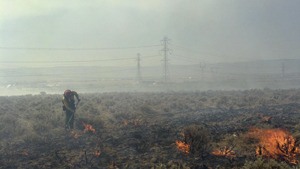 A firefighter tends to a small brush blaze at the burn site.
