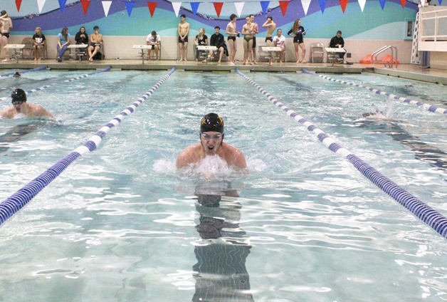 Sumner's Severn Anderson leads the way in the 100-yard breaststroke Jan. 22 against Enumclaw. Anderson notched the Spartans' only two victories in the meet.
