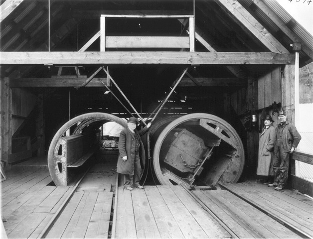 A view of the newly installed revolving coal car tipple at the bunkers of the Cannon mine in Franklin