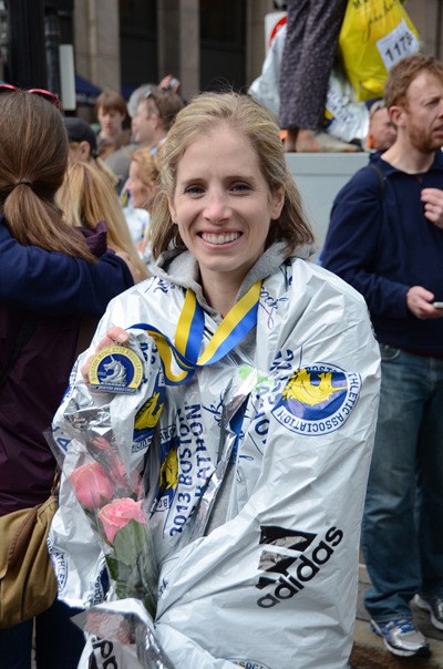 Lori Stafford at the finish line of the Boston Marathon April 15.