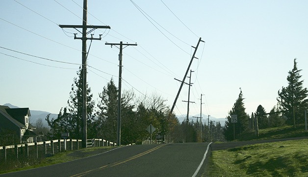 A power pole about to fall north of Enumclaw