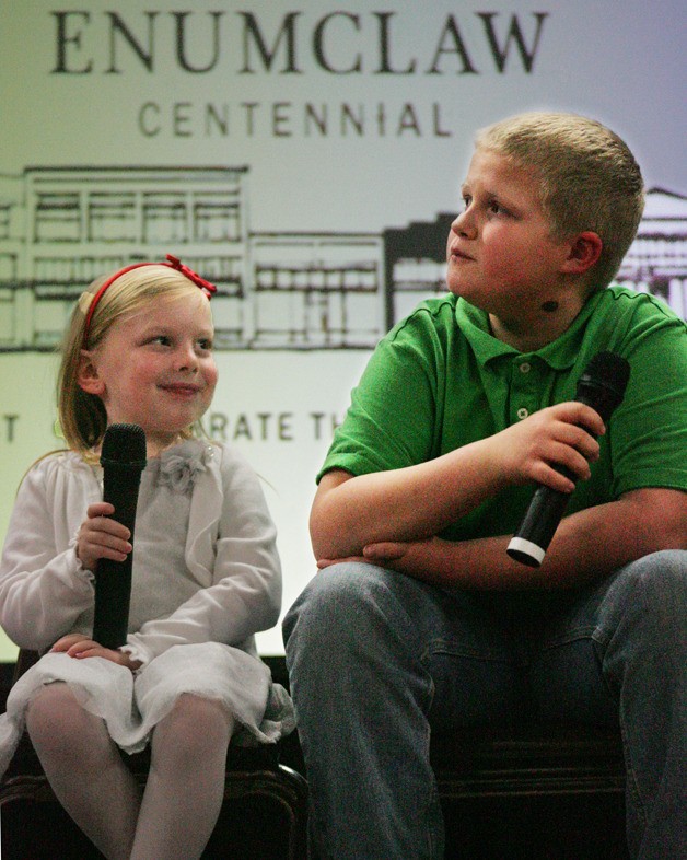 Sunrise Elementary students Breyer Jordan and Chance McMorrow were part of the children’s panel at the centennial dinner Sunday.