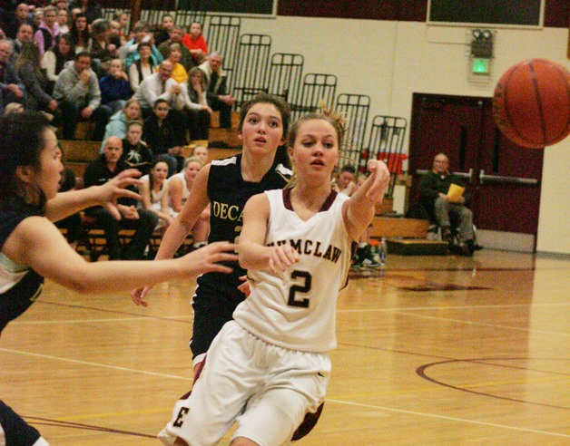 Samantha Engebretsen throws a pass during the first half of the game at home against Decatur. Jan. 29