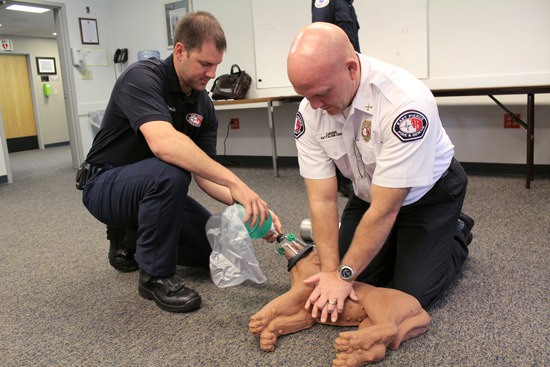 Firefighter-paramedic Rex Orcutt and Battalion Chief Jeff Moore practice using the fire department's new oxygen pet masks on a dog mannequin while also refreshing themselves on pet CPR.
