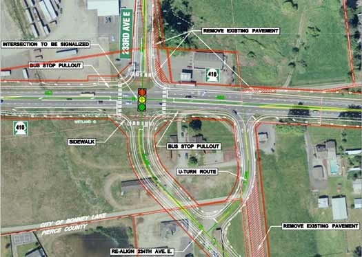 A WSDOT drawing showing the work to be completed on the 234th Avenue East/state Route 410 intersection.