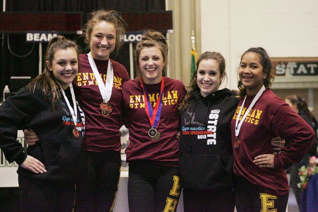 The Enumclaw Hornets gymnastic team won the state crown Feb. 15 at the Tacoma Dome for the second consecutive year. Saturday the girls competed in individual events taking gold
