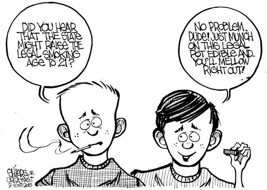 This weeks editorial cartoon comments on the easy accessibility of tobacco and marijuana to minors.