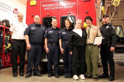 Cardiac Arrest survivor Penny Maier poses with her rescuers (from left) former East Pierce Battalion Chief Zane Gibson (now Orting Valley Fire and Rescue Fire Chief)