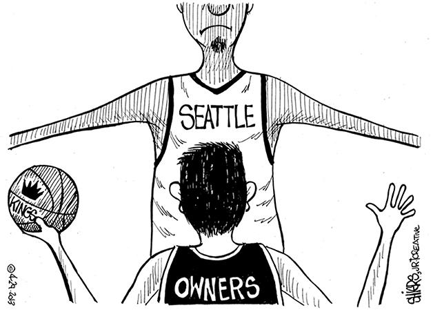 Editorial cartoon shows Seattle fighting for the Kings.