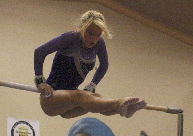 Alley Erkers takes to the uneven bars at the Bonney Lake meet Jan. 23. Erkers earned a 6.2 in the event.