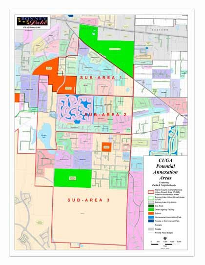 This map shows the three sub-areas designated for potential annexation into Bonney Lake.