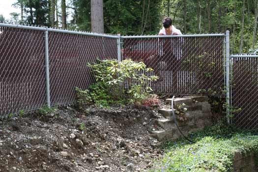 Senior Center Director Sue Hilberg examines the location selected for a small