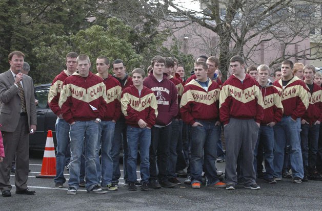 Superintendent Mike Nelson noted the accomplishments of the EHS wrestling team during Monday afternoon's ceremony