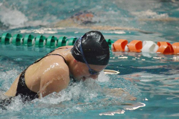Isabella Davenport swam the 100 breast stroke with a state qualifying time of 1:10:80 at the South Puget Sound League Championships prelims.