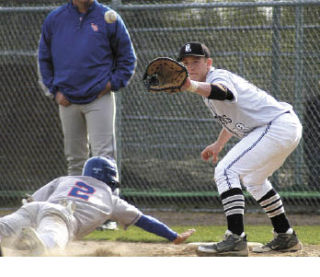 Bonney Lake’s Jake Sogolow waits for the ball while a Lakes baserunner returns to first.