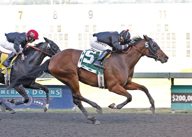 Goin to the Window and jockey Juan Gutierrez edge stablemate Blueberry Smoothie and Leslie Mawing in the 2012 Angie C Stakes at Emerald Downs. The two Northwest Farms fillies meet again Sunday in the $50