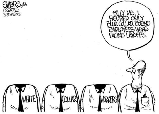 This week's editorial cartoon depicts the white collar layoffs at Boeing.