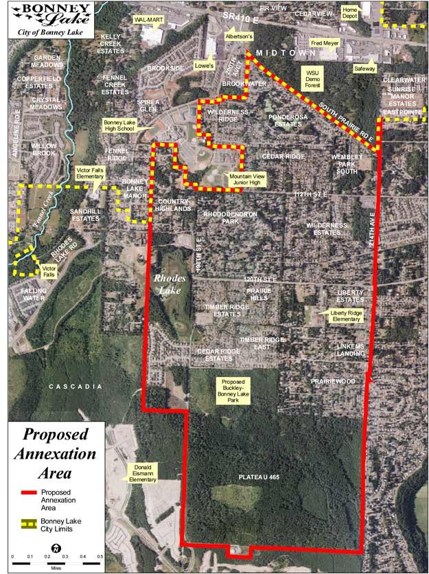 This image from the city of Bonney Lake shows the annexation area drawn over a satellite image of the city.
