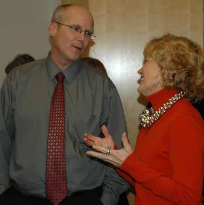 Foothills Elementary School Principal Mark Cushman chats with White River School Board member Jean Lacy regarding his Principal of the Year award.