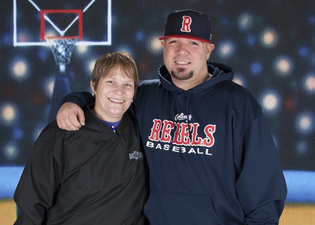 Becky Giles with youth basketball coach Paul Ortega at a 2011 Parks and Recreation basketball jamboree.