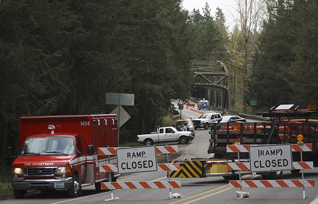 Damages to the bridge were discovered during a routine inspection in April 2015. Inspectors discovered that a horizontal beam had been struck approximately 15 feet above the westbound lane heading toward Buckley. Photo by Dennis Box.