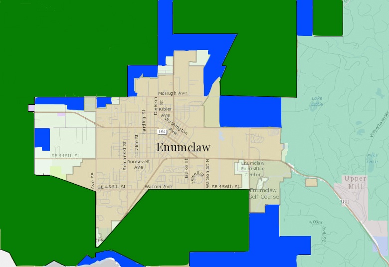 The green areas around Enumclaw represent unincorporated King County agricultural zones