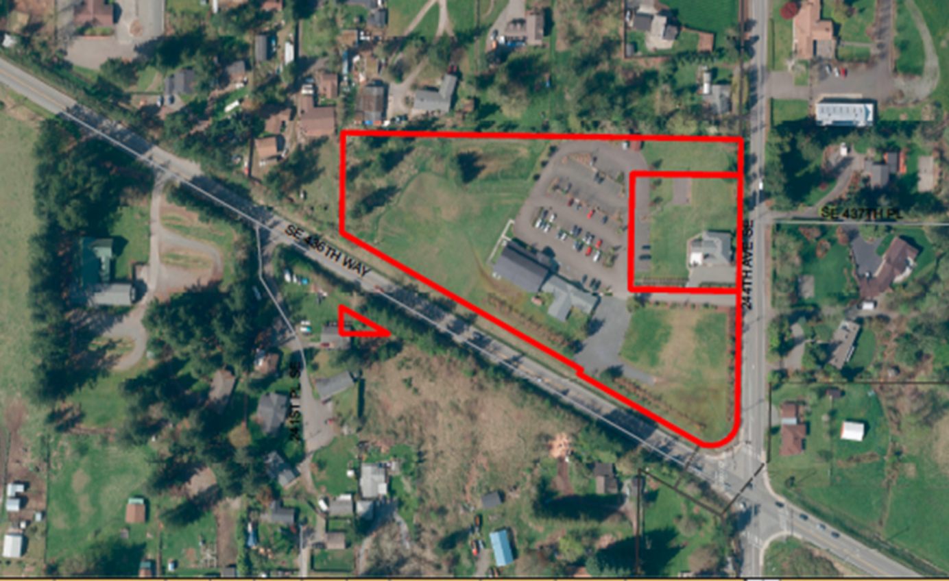 Mount Rainier Christian Church is the property outlined in red. Graphic courtesy of the City of Enumclaw.