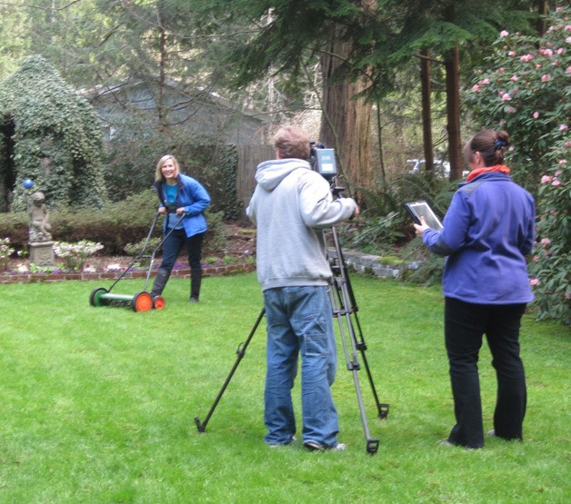 A camera crew films while Marianne Binetti introduces a new TV show