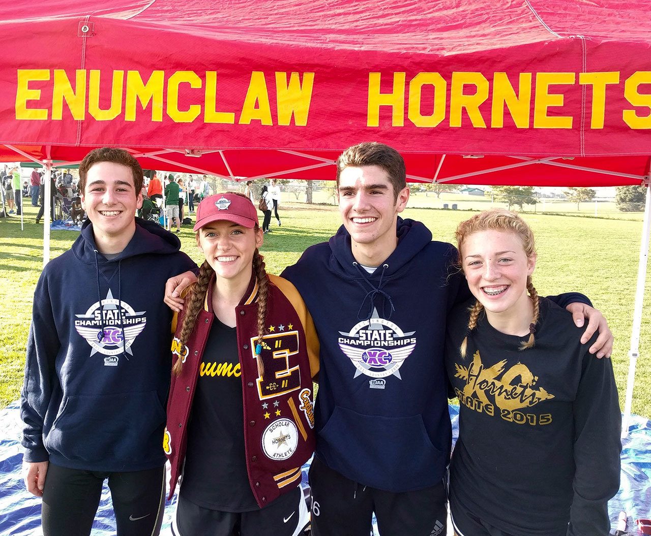 Representing Enumclaw High at the state cross country meet were, from left, Alec Ritter, Hunter Storm, Teagan Eldridge and Peyton Roberson. Photo by Tod Witzel.