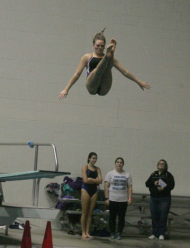 Sumner High’s McKenna Webster was tops in the Class 4A field, winning a diving championship during last weekend’s state meet at the King County Aquatics Center. Photo by Dennis Box.