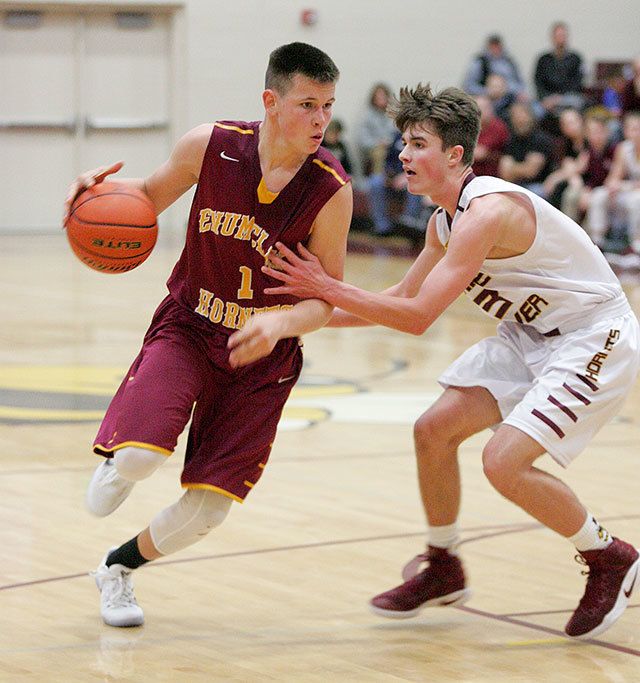 Enumclaw junior Kaden Anderson looks to drive against the White River defense during Friday&rsquo;s Hornet-Hornet battle. Photo by Dennis Box.